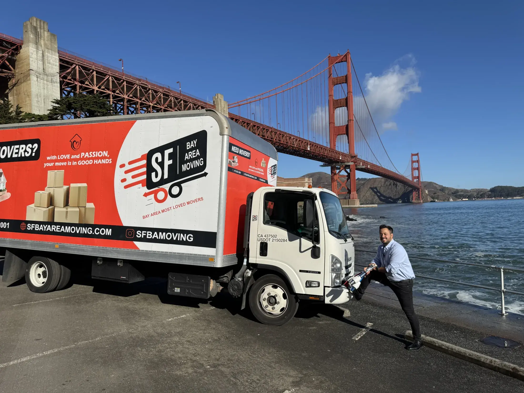 SF Bay Area Moving truck near the Golden Gate Bridge
