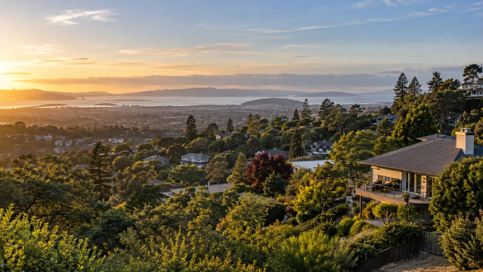 Green Belmont hills and residential neighborhoods overlooking the Bay