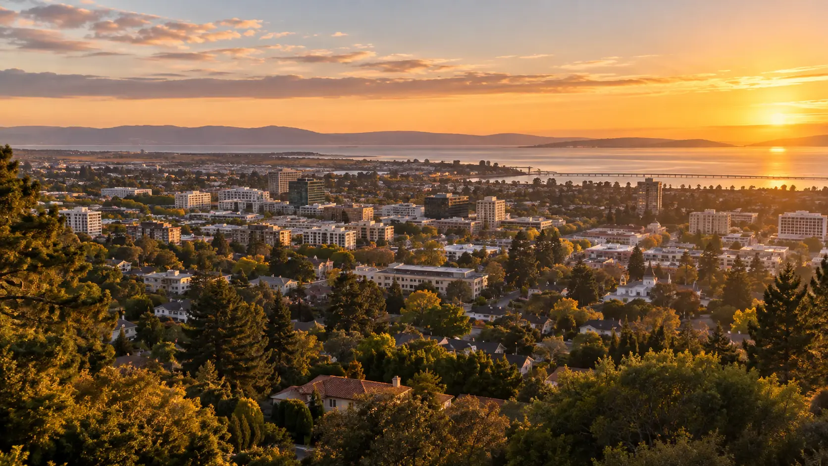 San Mateo neighborhoods and the San Francisco Bay glowing at golden hour